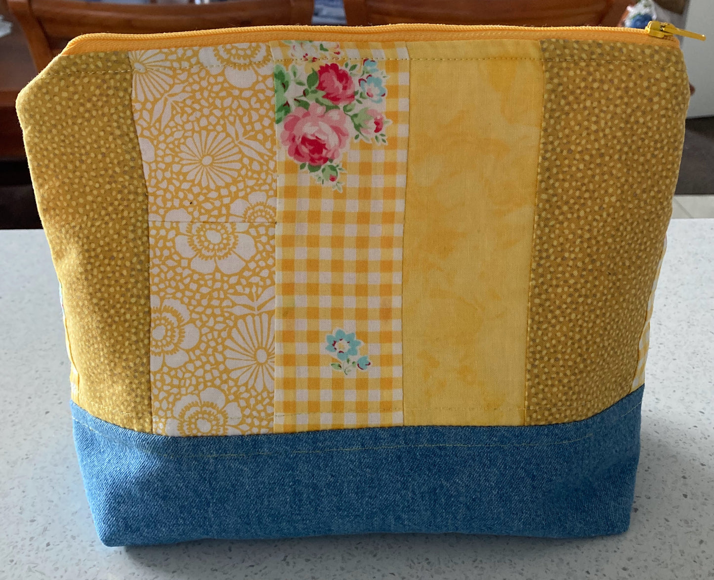 Handmade Cosmetic Pouch or Unique One of a Kind Zipper Bag for Any Purpose - Yellow & Denim