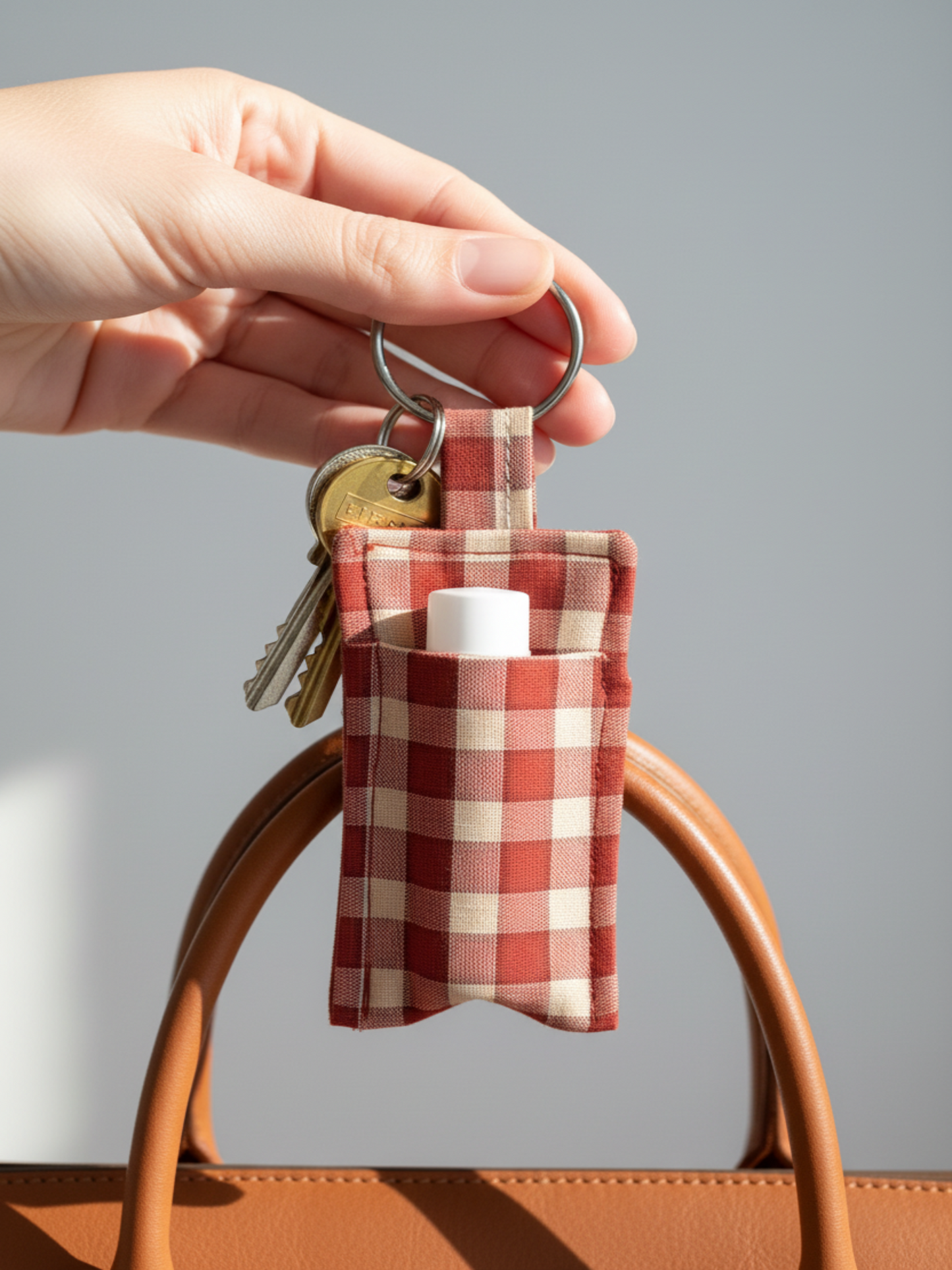 Checker keyring lip balm holder with keys attached