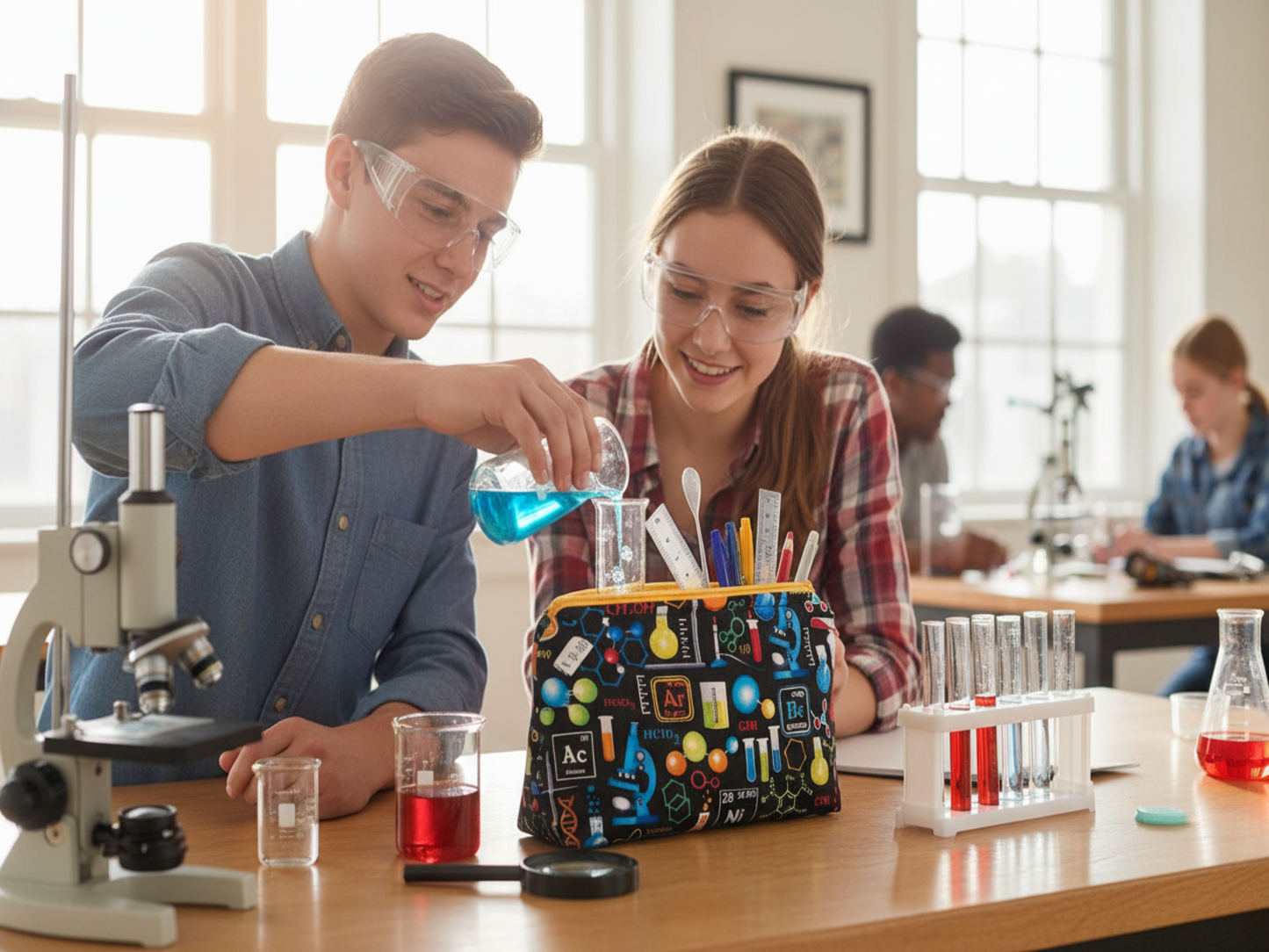 Chemistry pouch teens in science lab