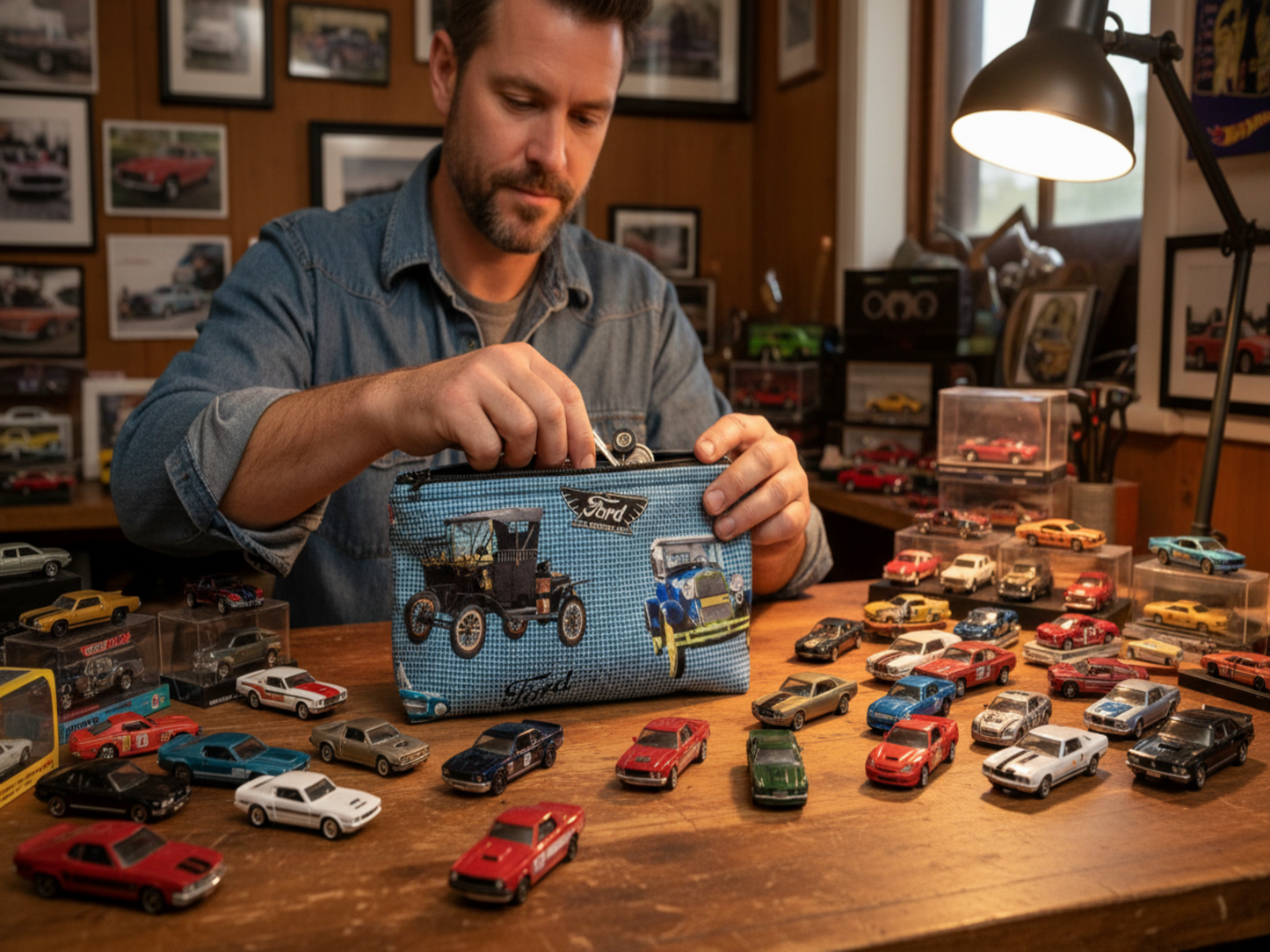 Ford pouch with man and matchbox cars