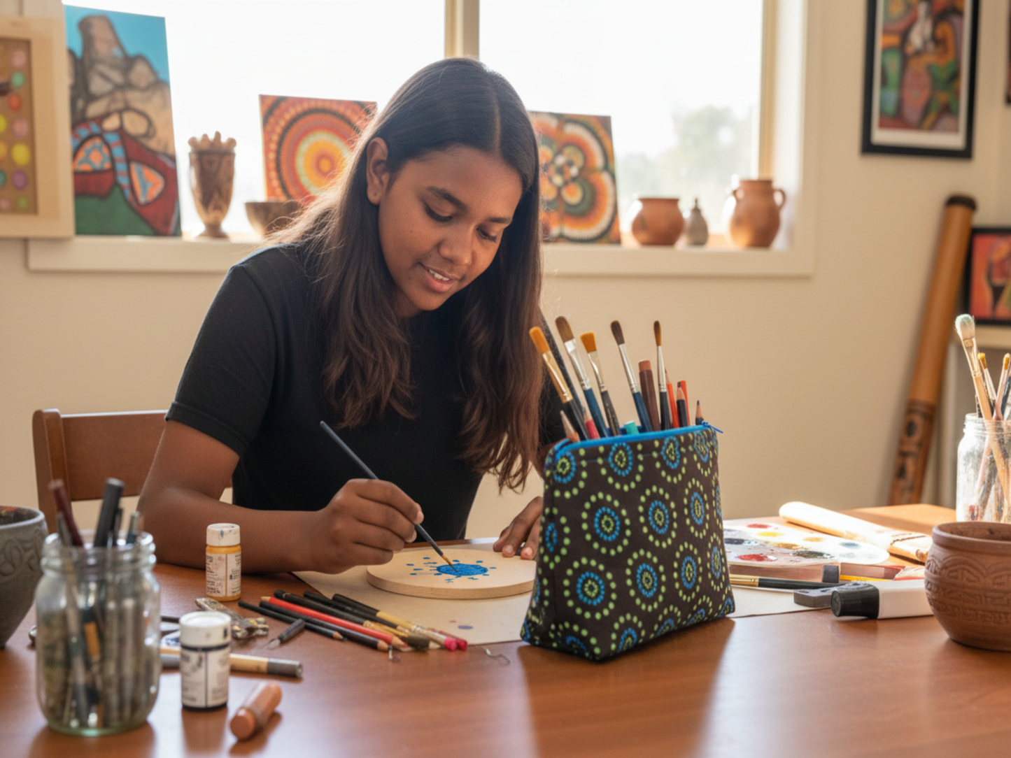 Indigenous inspired pouch with Indigenous teen artist