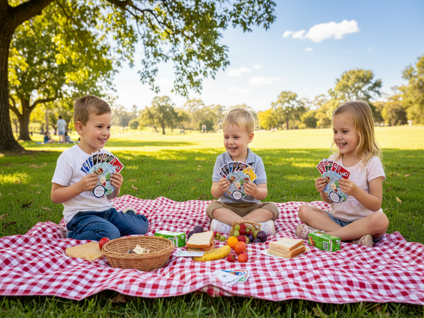 Kids on picnic playing cards with bears fishing holders