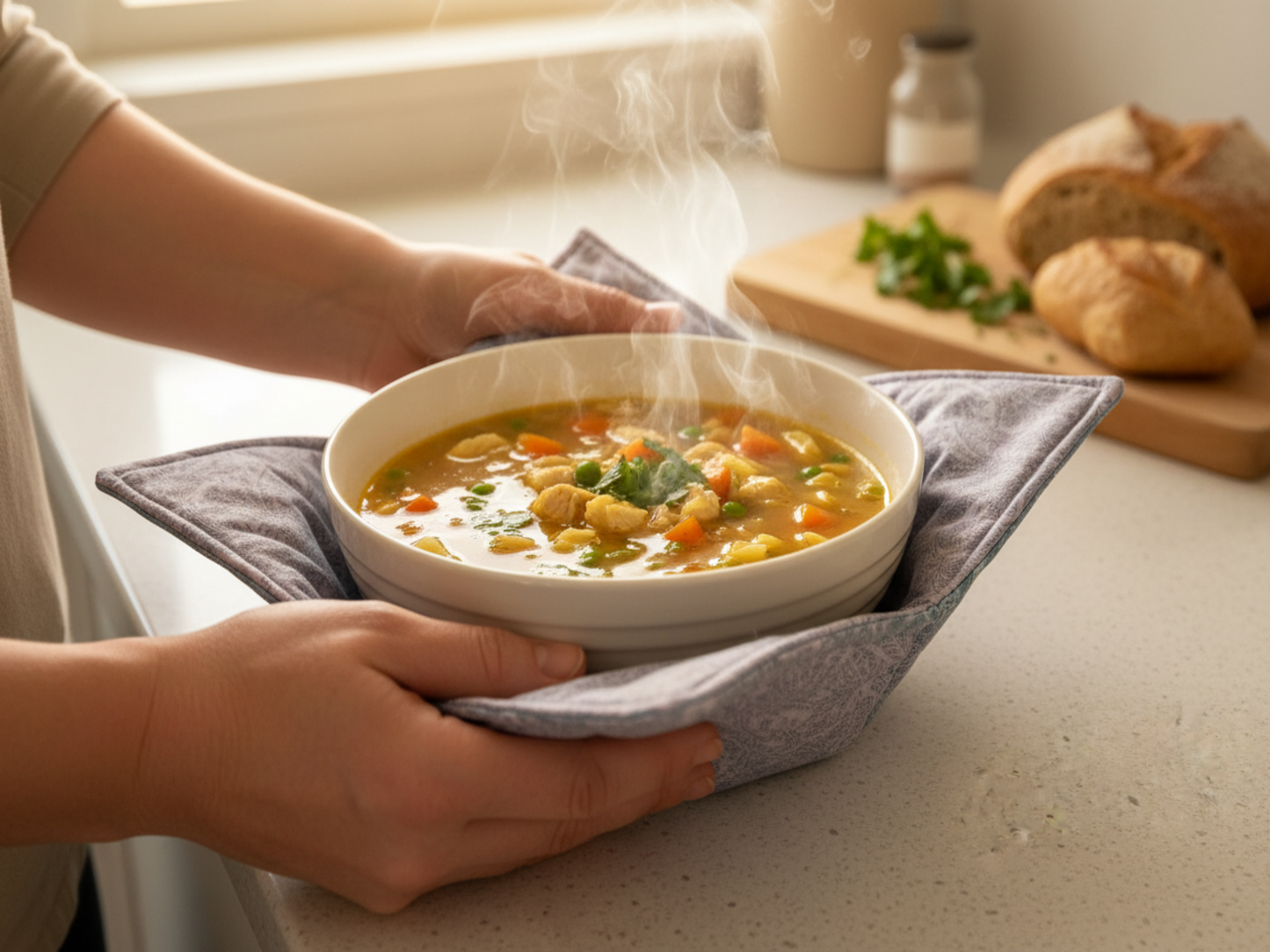 Large microwave bowl holder in use