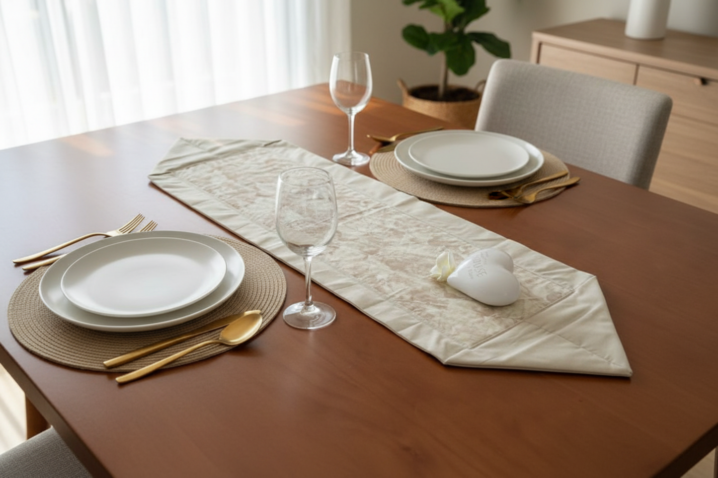 Modern neutral table runner on dining table