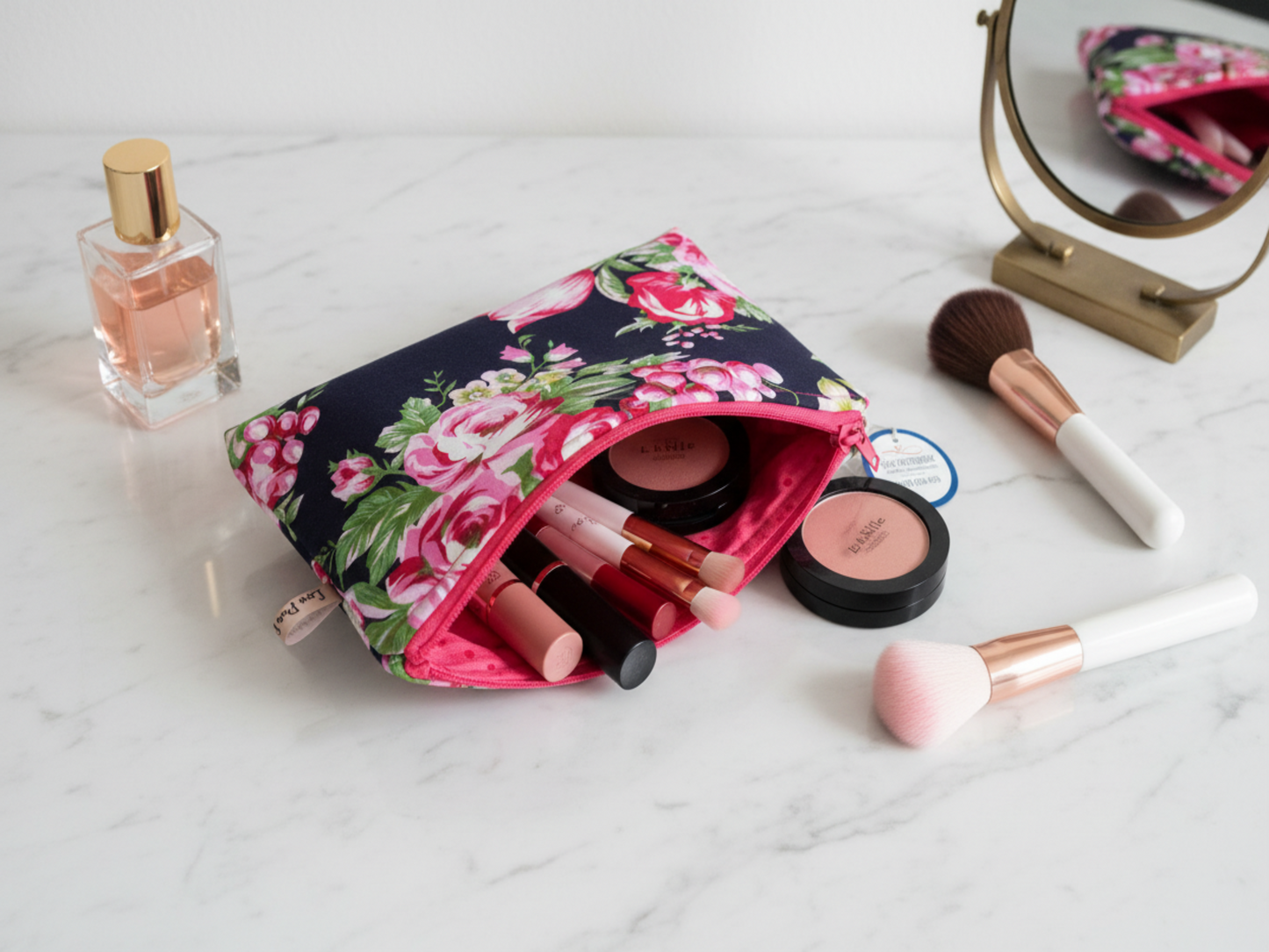 Navy floral makeup pouch