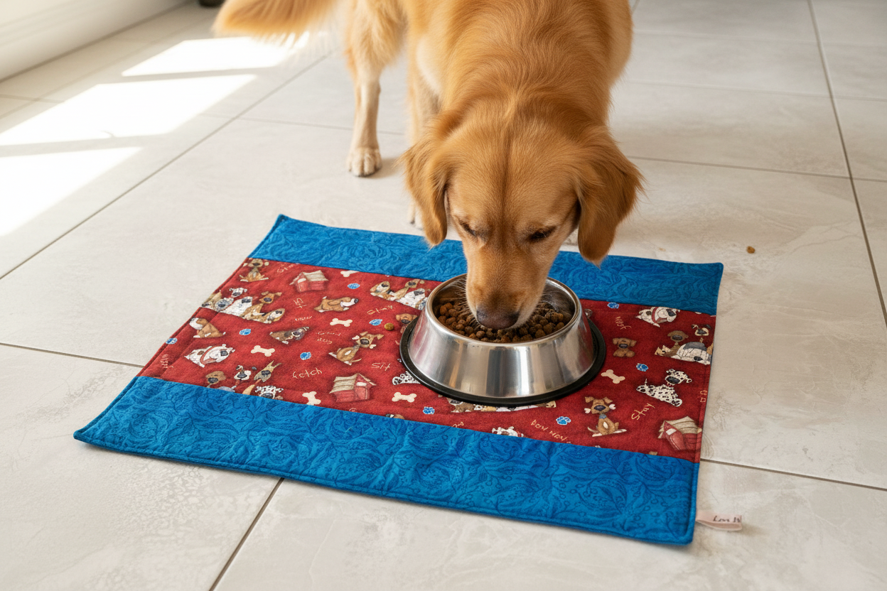 One dog with one bowl on placemat