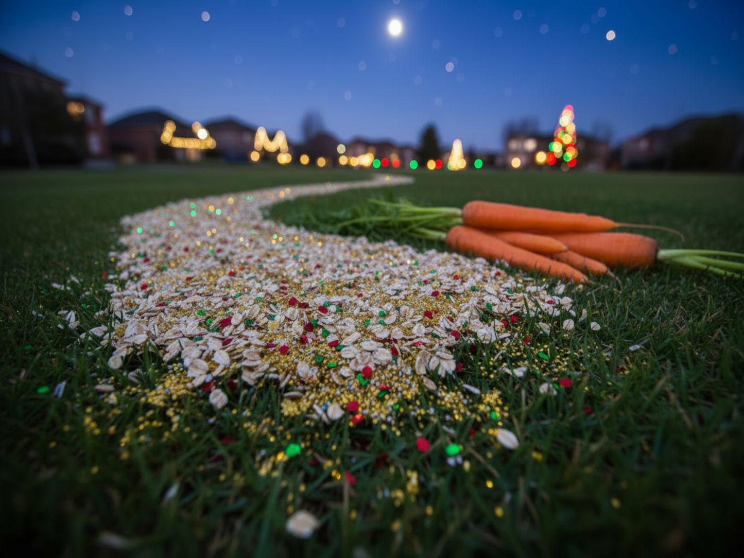Reindeer Food scattered as pathway on lawn with carrots