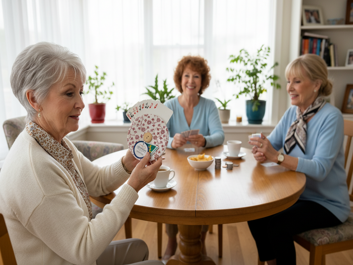 Senior ladies playing cards with pink floral holder