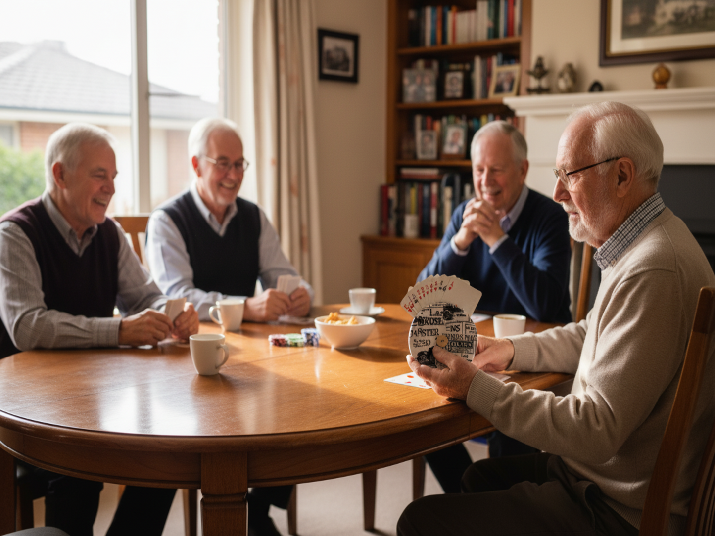 Senior men playing cards with compact newspaper holder