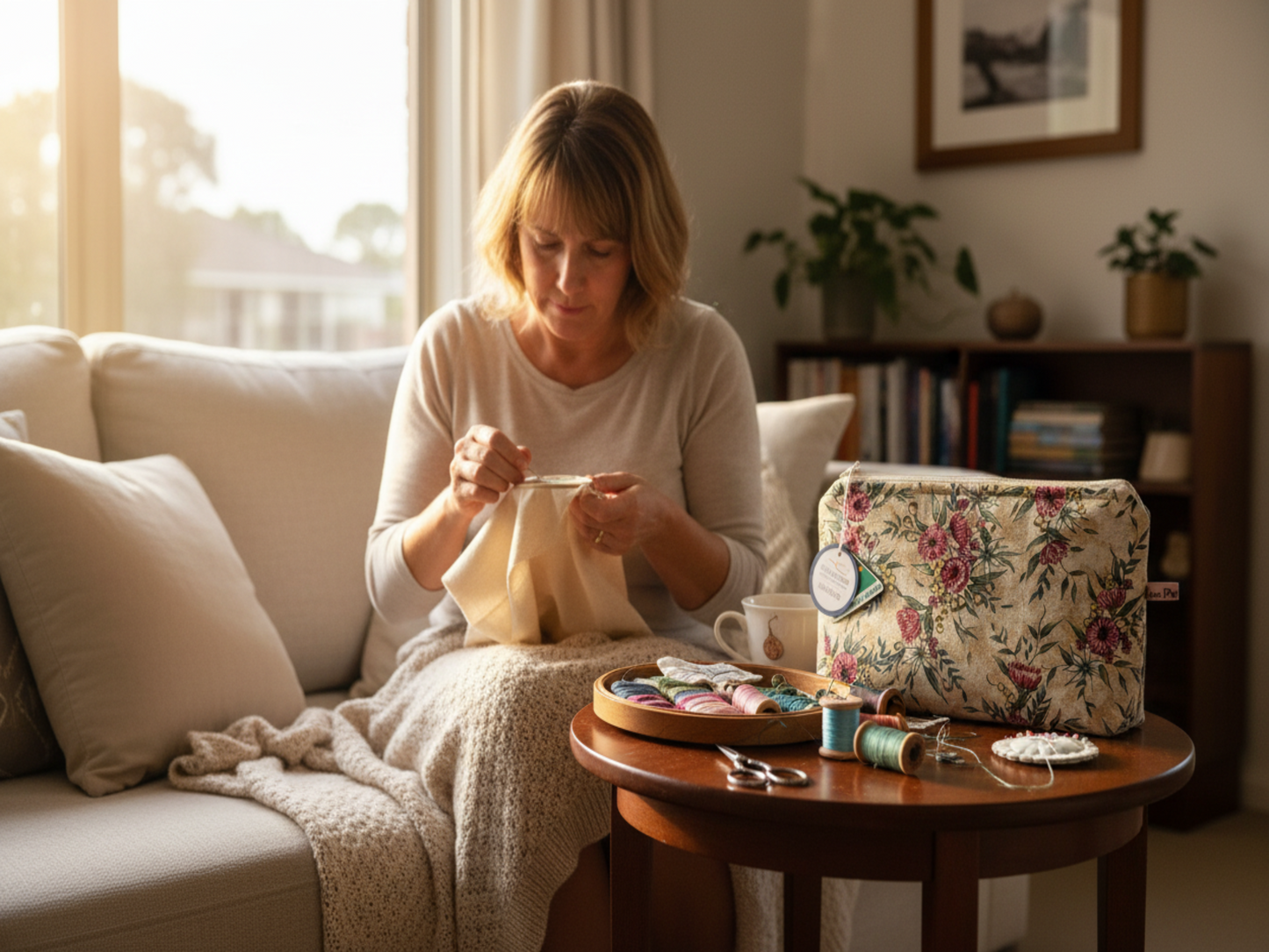 Wildflower pouch lady sewing on lounge