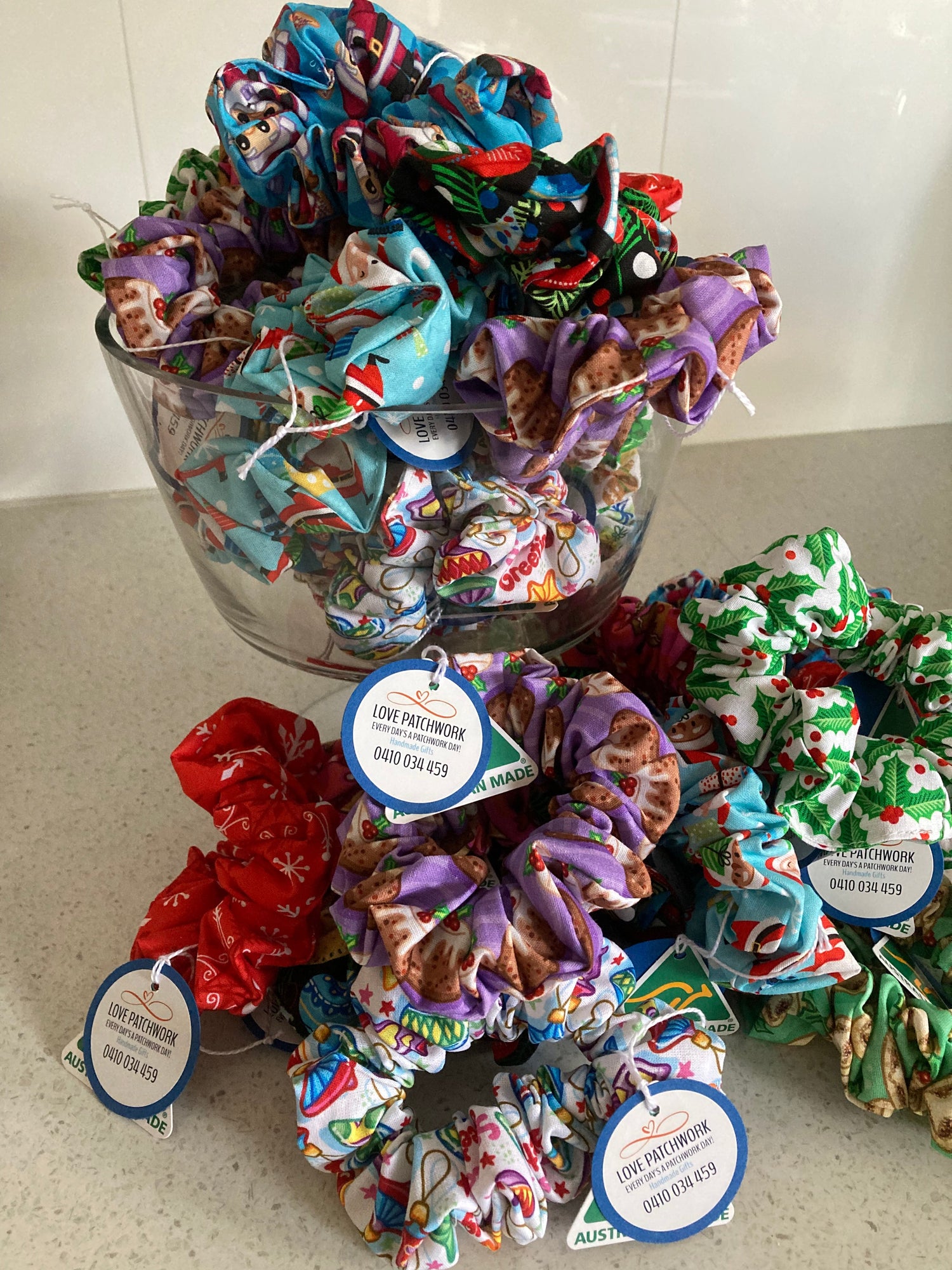 Handmade Christmas hair scrunchies in festive holiday designs and patterns - Australian made seasonal accessories