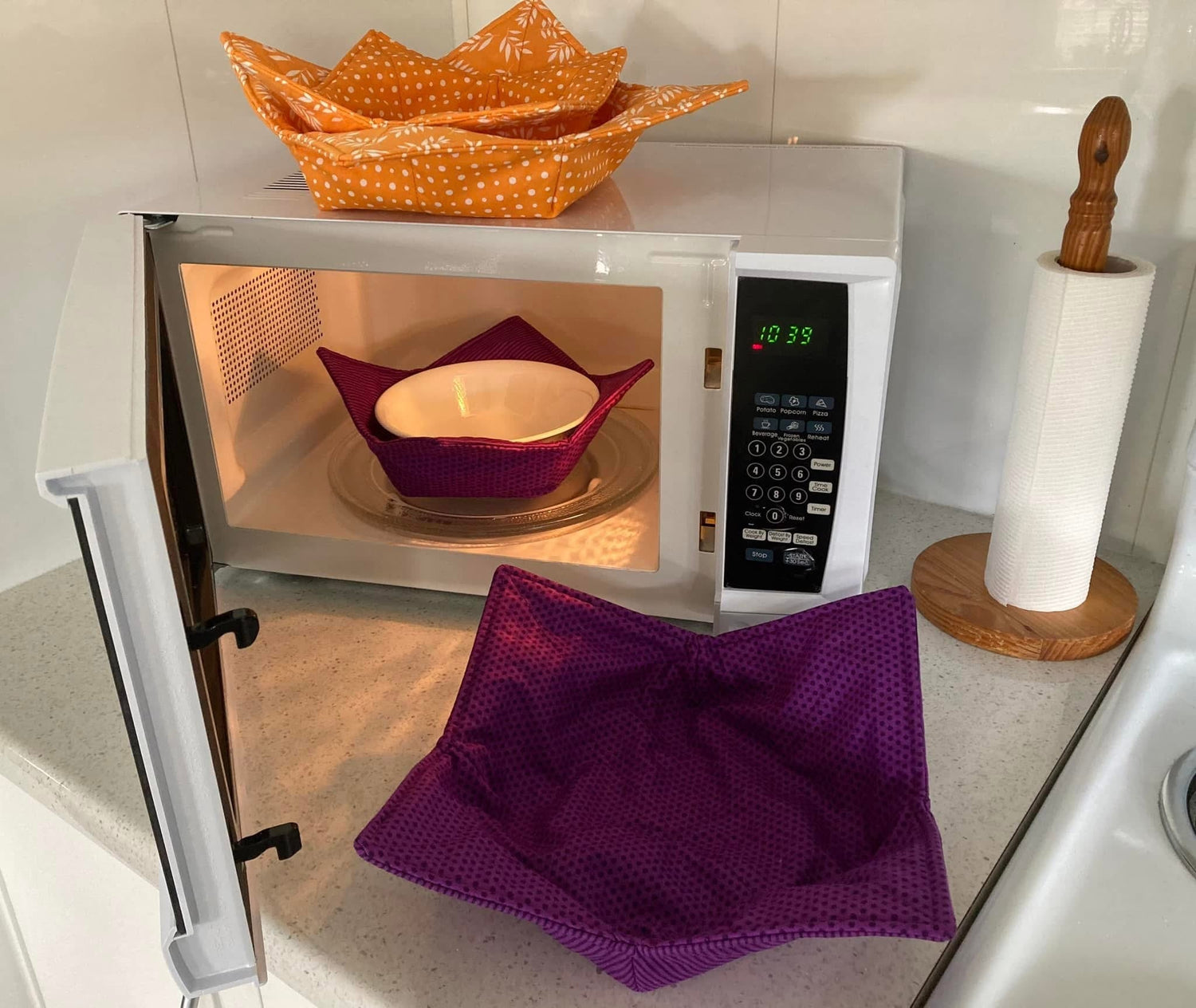 Handmade microwave bowl holders in various sizes protecting hands from hot bowls - quilted cotton kitchen safety accessories