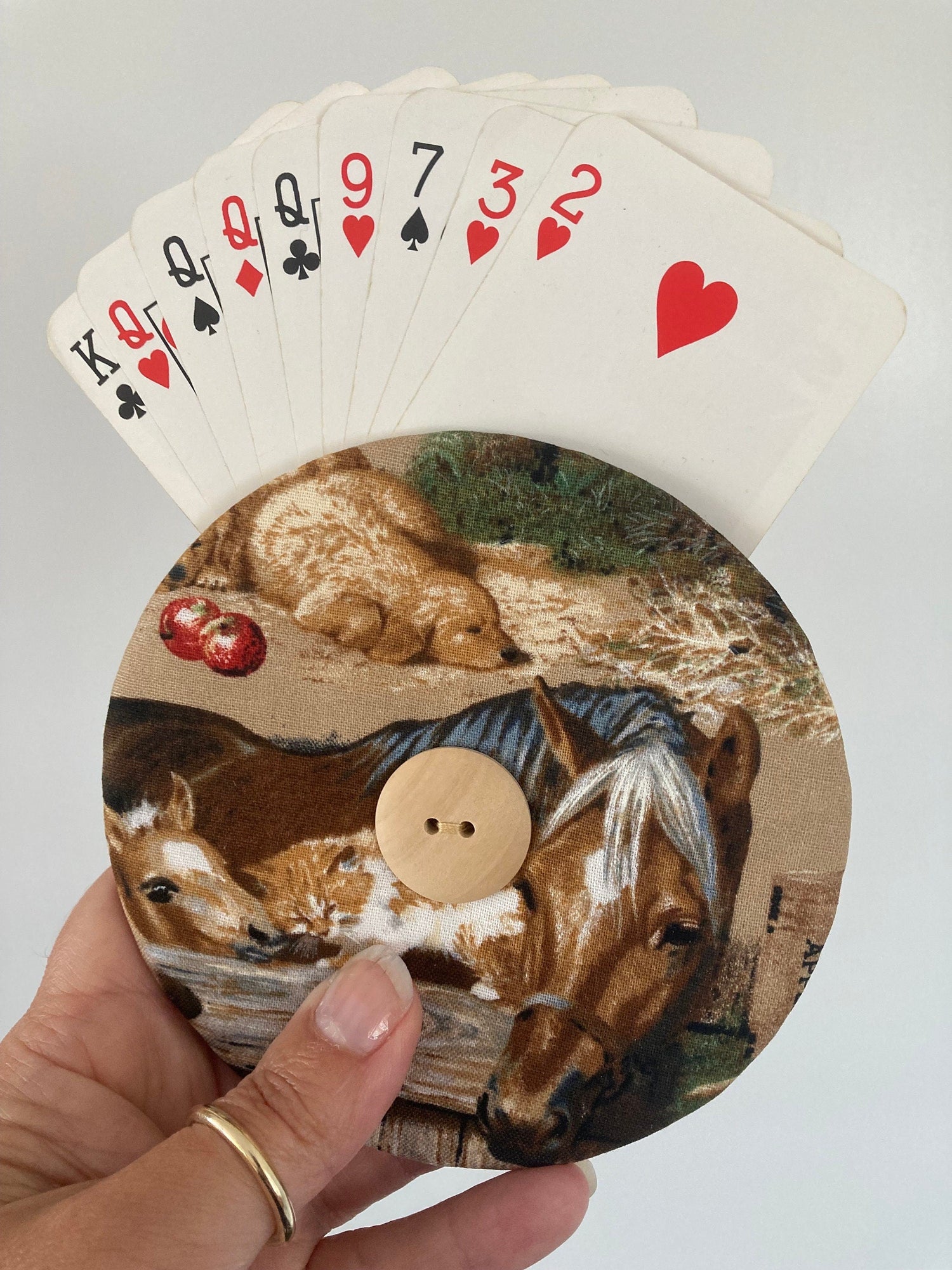 Handmade helping hand playing card holder holding cards upright - eco-friendly recycled CD holder for kids, seniors and arthritis