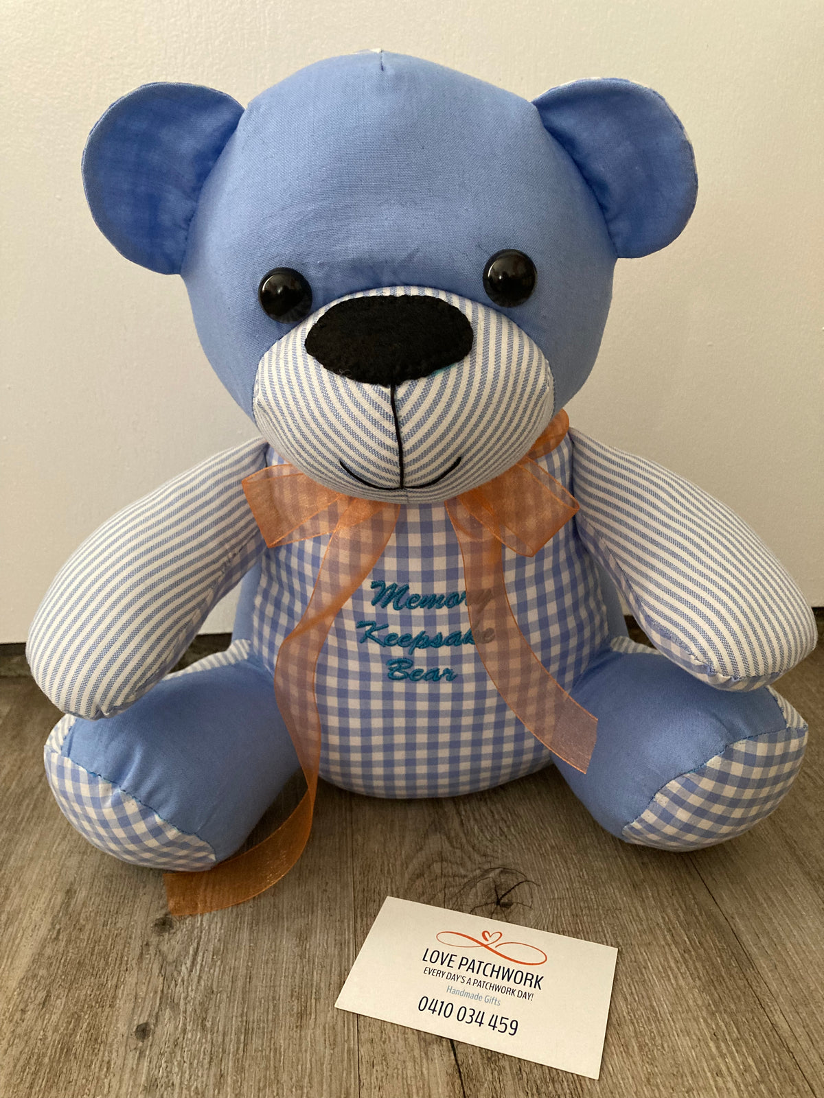 Handmade memory bear created from loved one's clothing - custom order keepsake with personal details
