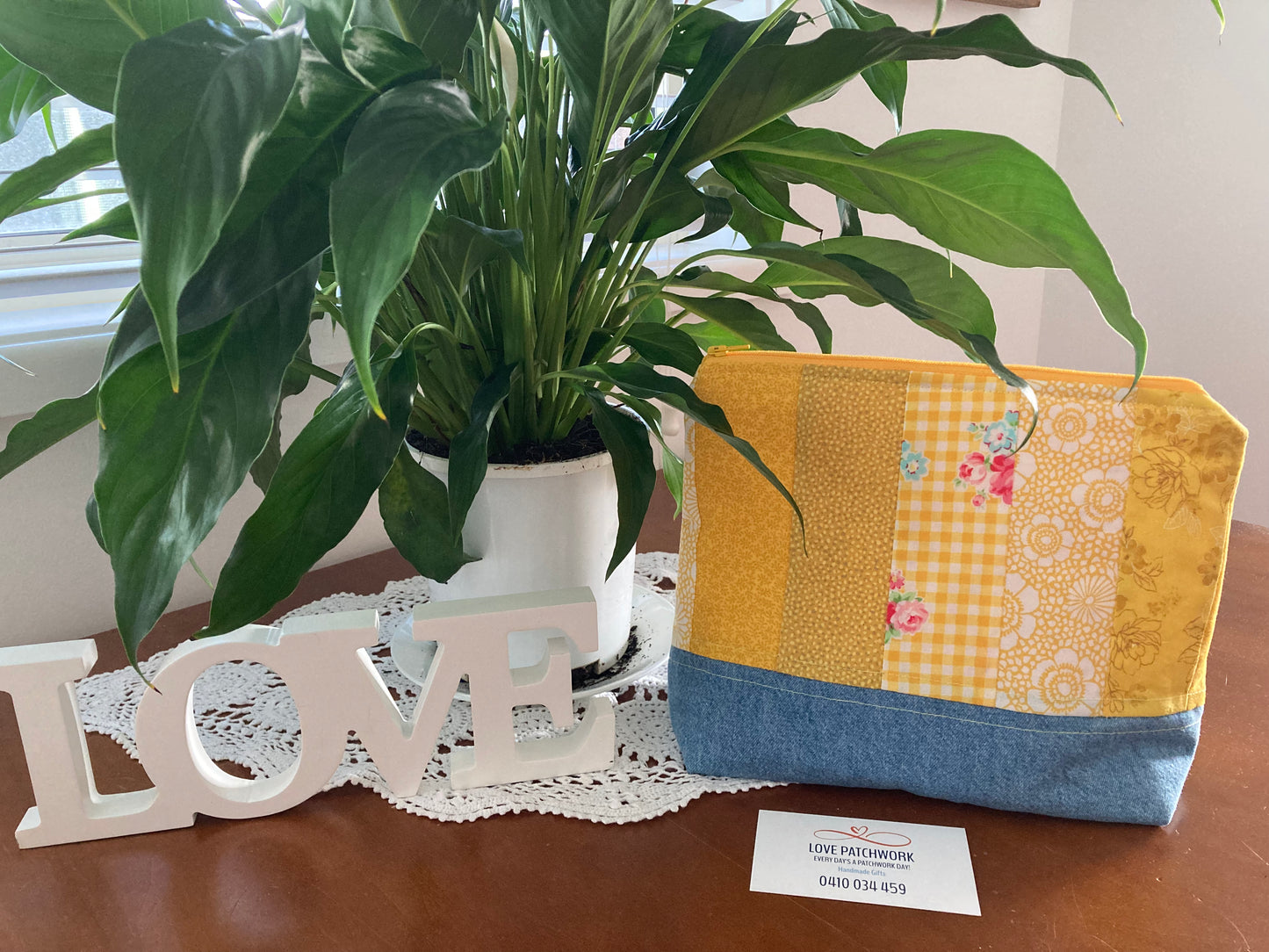 Handmade Cosmetic Pouch or Unique One of a Kind Zipper Bag for Any Purpose - Yellow & Denim