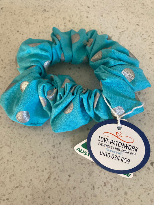 Hair Scrunchie - Blue & Silver Polka Dot