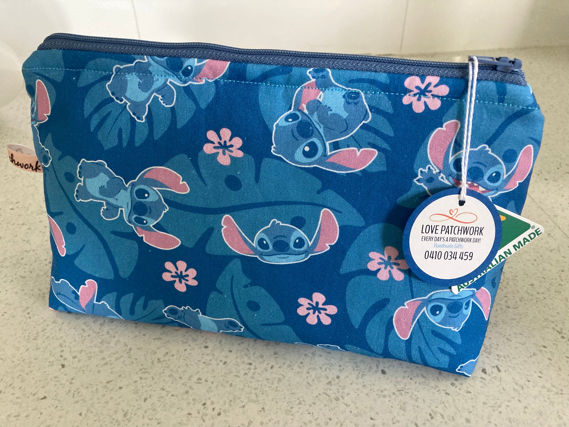 Lilo & Stitch handmade zipper pouch - Disney character pencil case and makeup bag with blue fabric. Australian Made by Love Patchwork