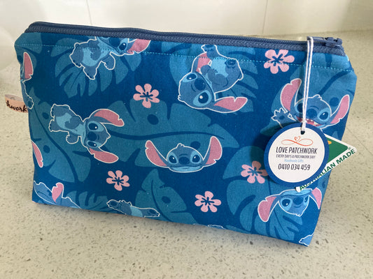 Lilo & Stitch handmade zipper pouch - Disney character pencil case and makeup bag with blue fabric. Australian Made by Love Patchwork