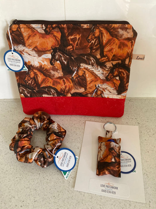 Gift Sets - Utility Pouch, Hair Scrunchie & Zinc Holder Keyring (Horses)