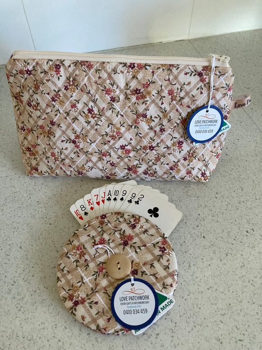 Vintage floral-patterned gift set consisting of playing card holder and matching pouch on a light surface. Australian Made by Love Patchwork