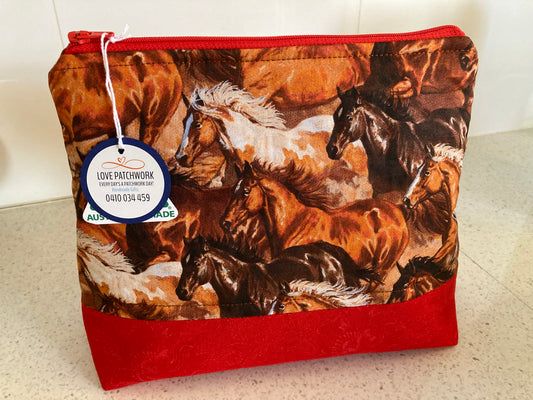 Handmade Cosmetic Pouch or Unique One of a Kind Zipper Bag for Any Purpose - Horses