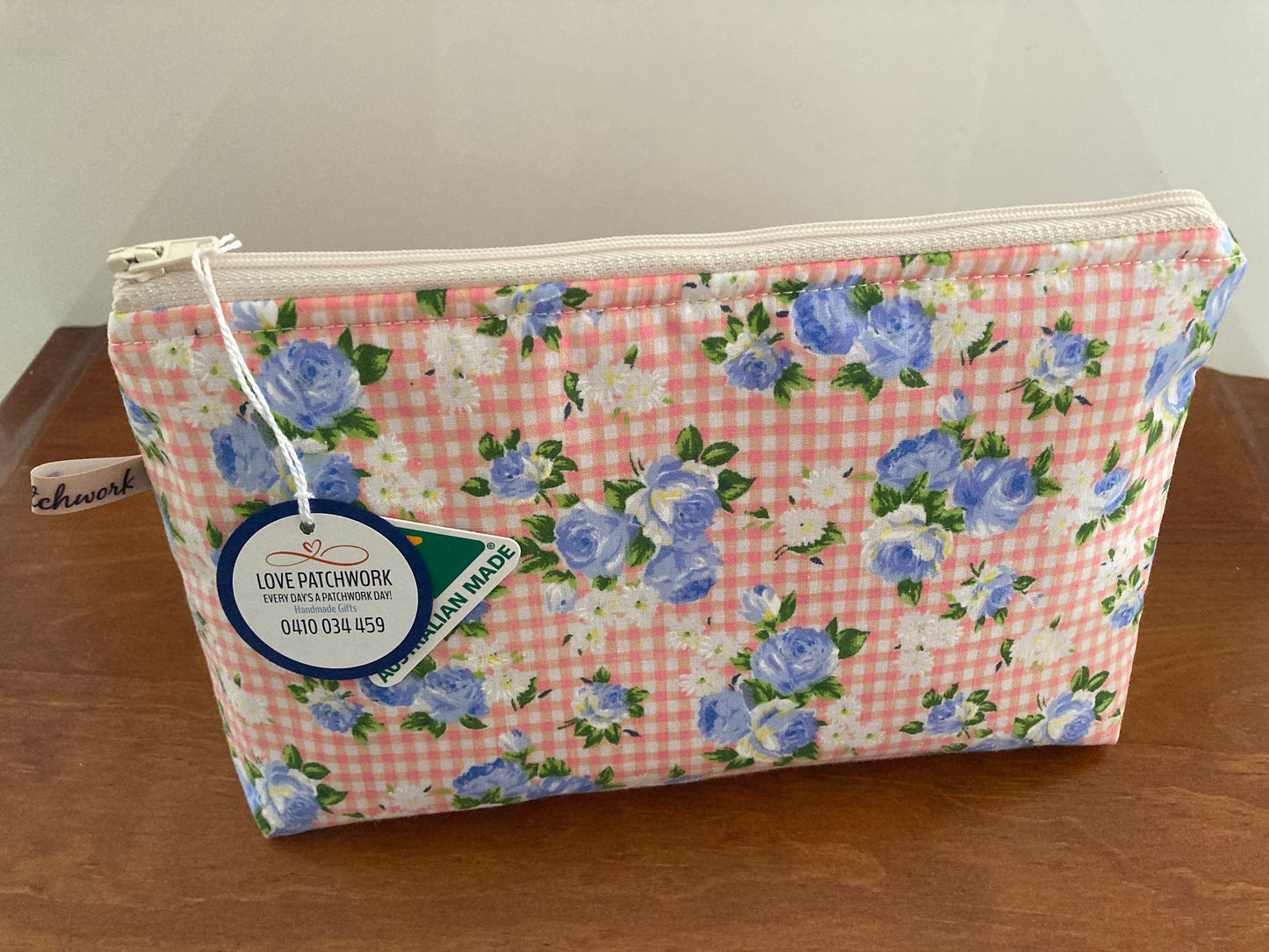 Handmade Cosmetic Pouch or Unique One of a Kind Zipper Bag for Any Purpose - Pink Gingham