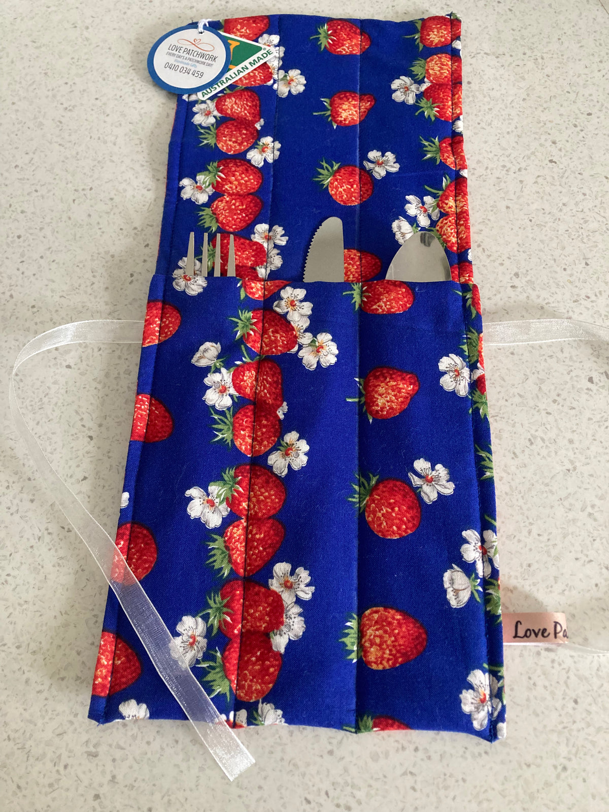 Strawberry Print Cutlery Travel Pouch - Reusable Stainless Steel Set