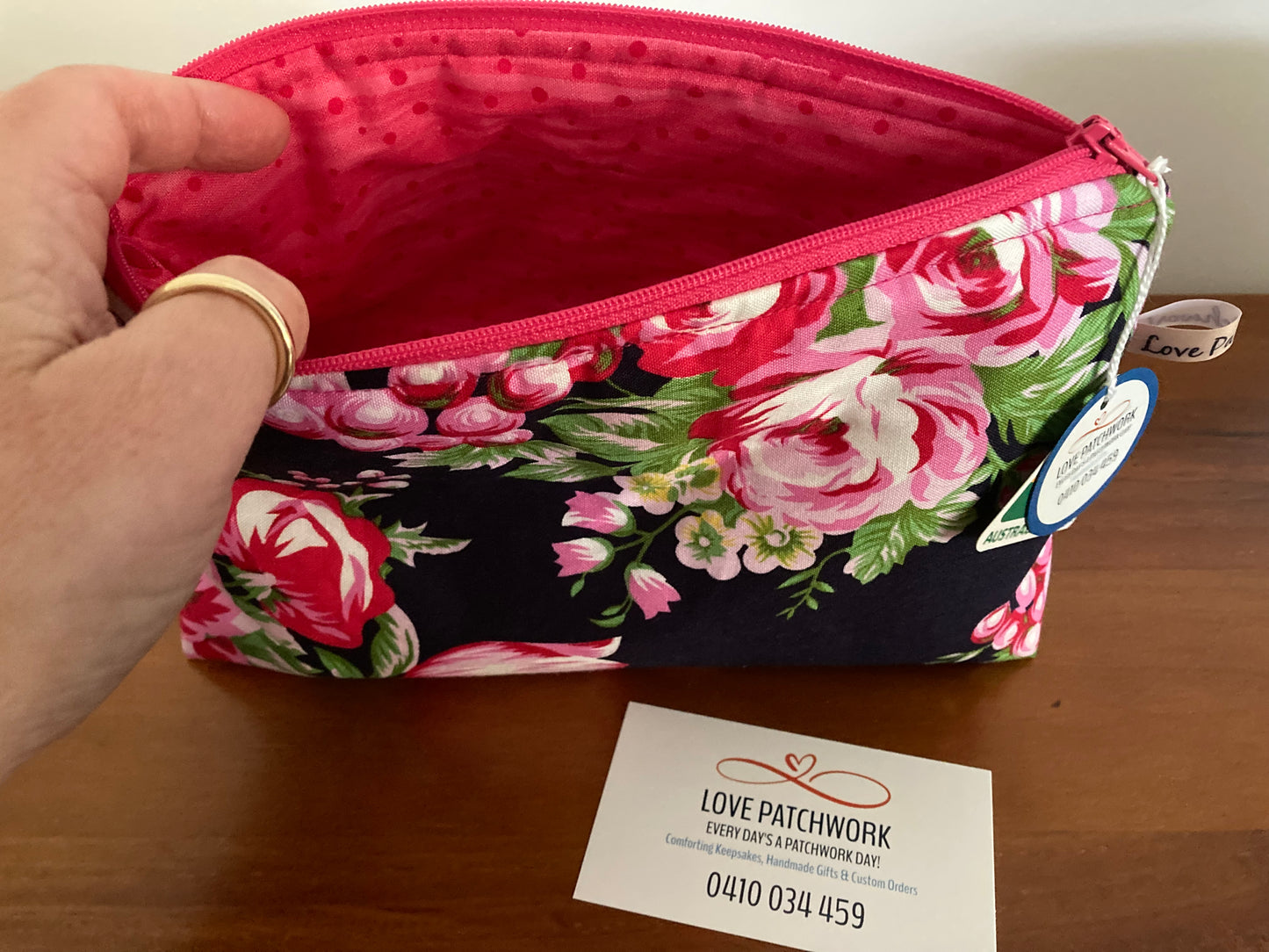 Handmade Cosmetic Pouch or Unique One of a Kind Zipper Bag for Any Purpose - Navy & Pink Floral