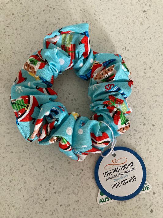 Christmas Hair Scrunchie - Light Blue Santa