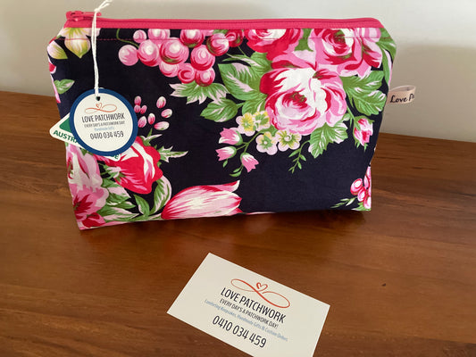 Handmade Cosmetic Pouch or Unique One of a Kind Zipper Bag for Any Purpose - Navy & Pink Floral