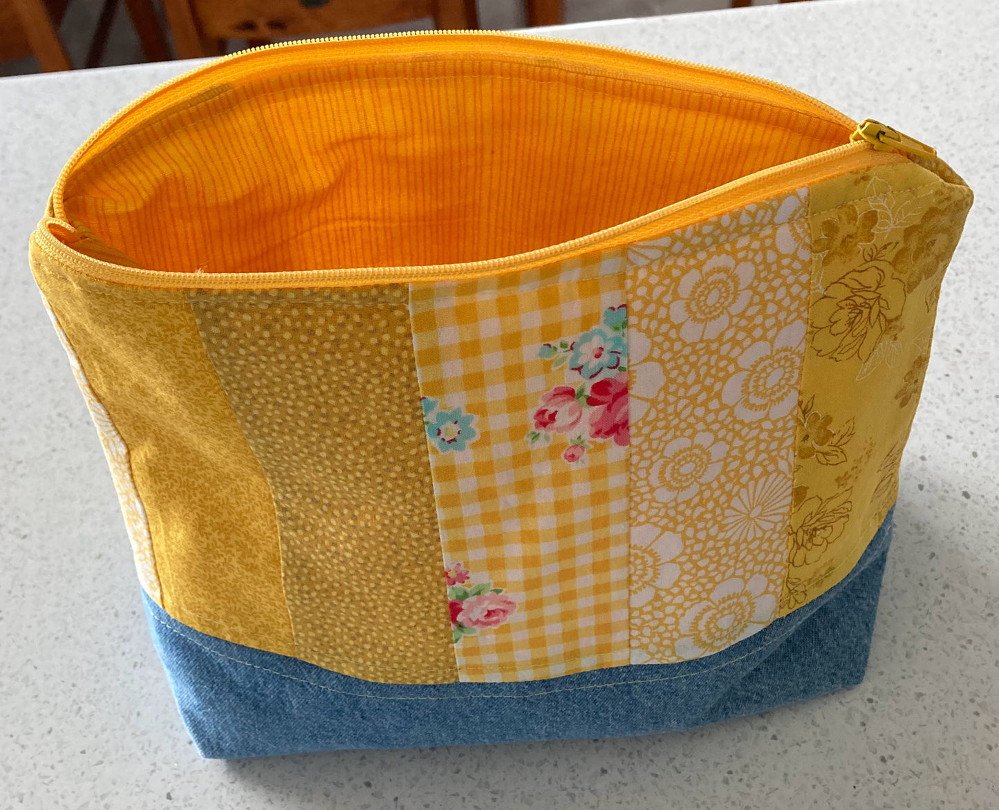 Handmade Cosmetic Pouch or Unique One of a Kind Zipper Bag for Any Purpose - Yellow & Denim