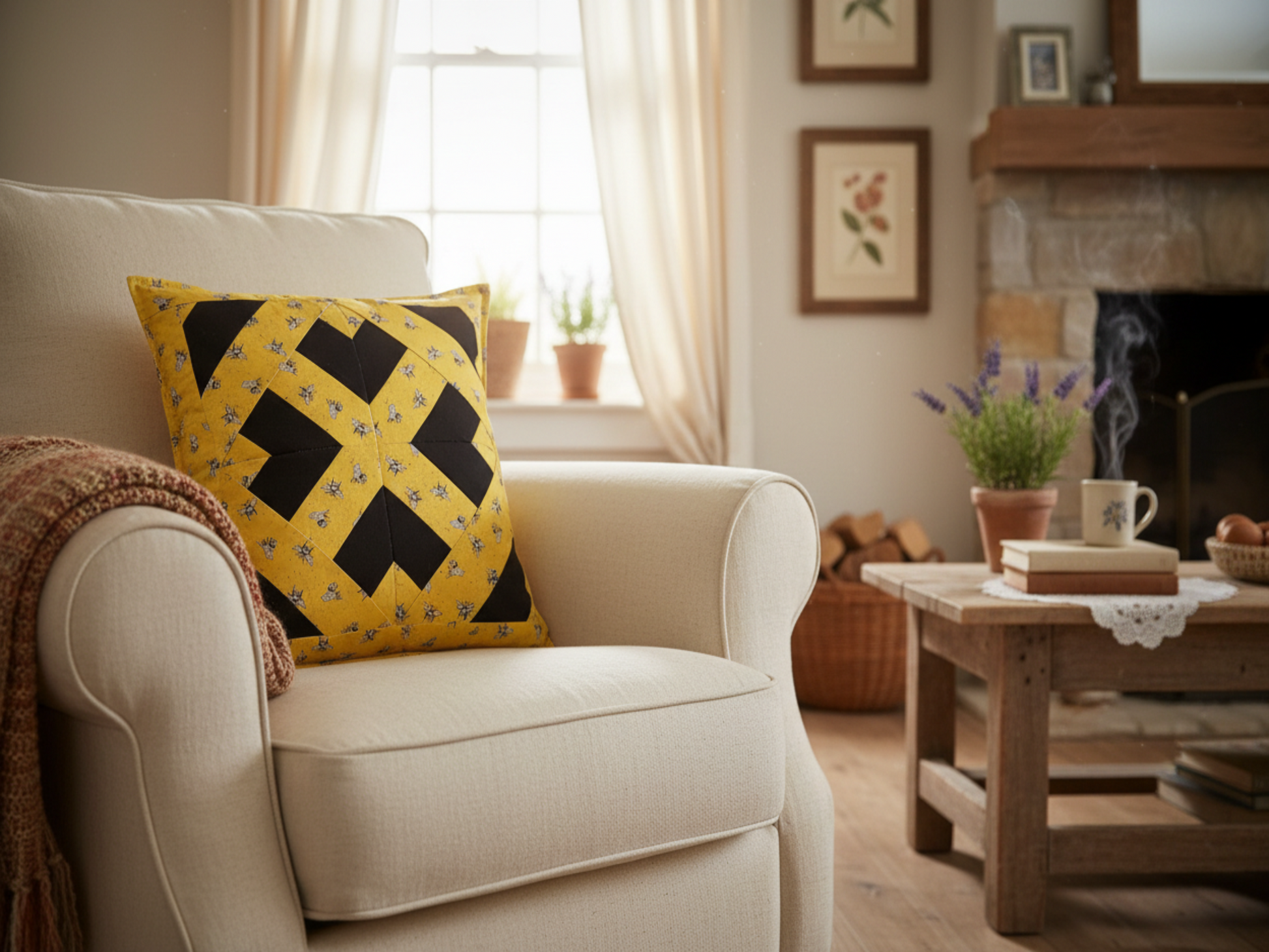 Bees cushion on couch