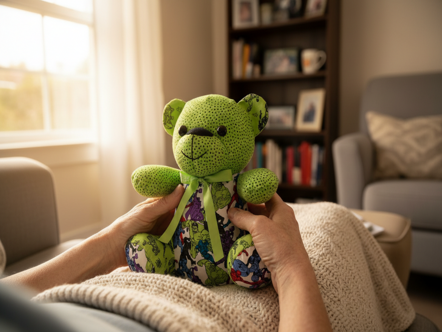 Birthday bear memory keepsake being held lovingly