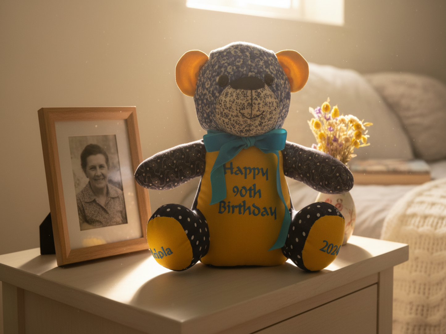 Birthday bear memory keepsake displayed in bedroom