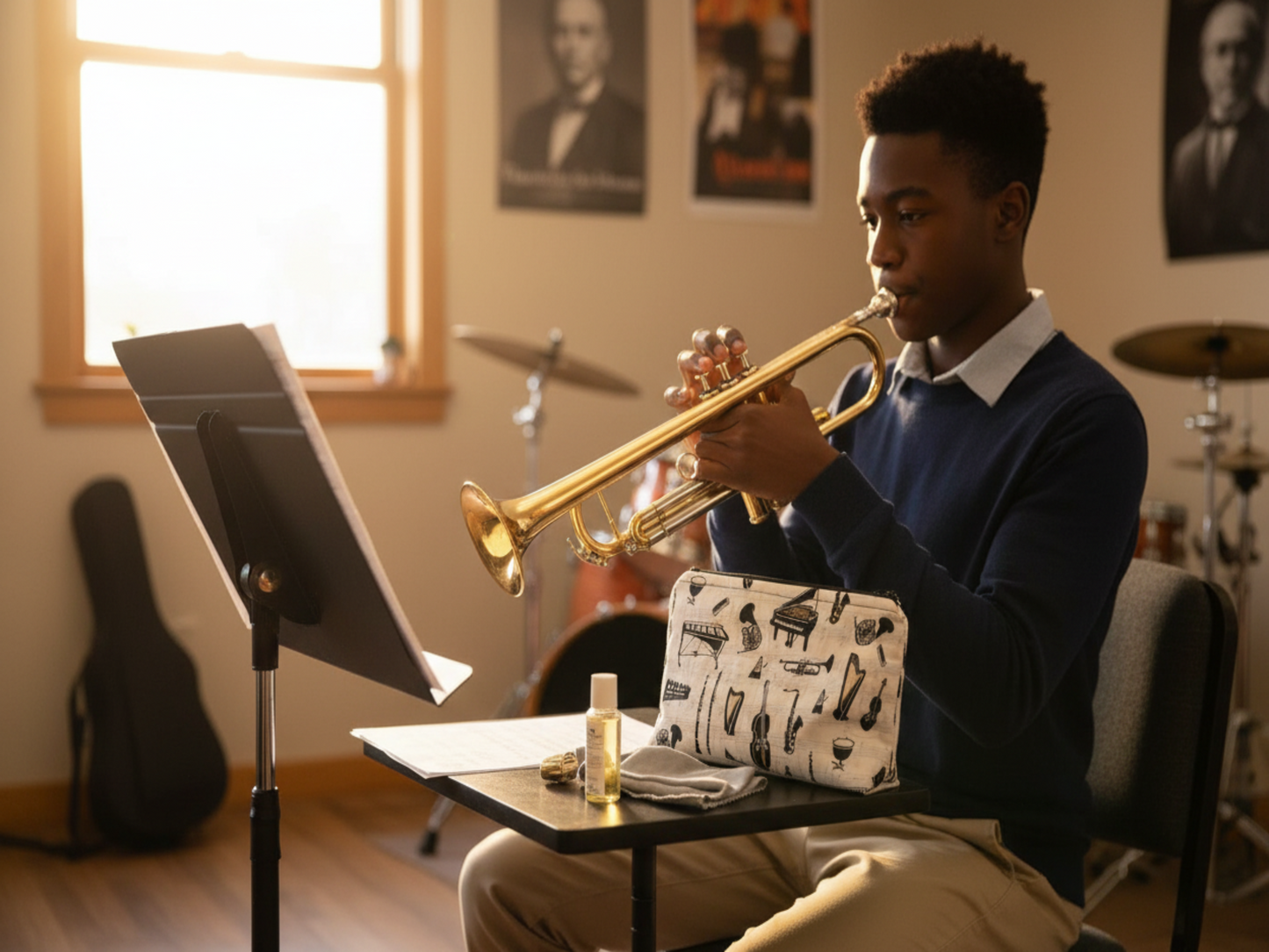 Black and white music pouch with trumpet player