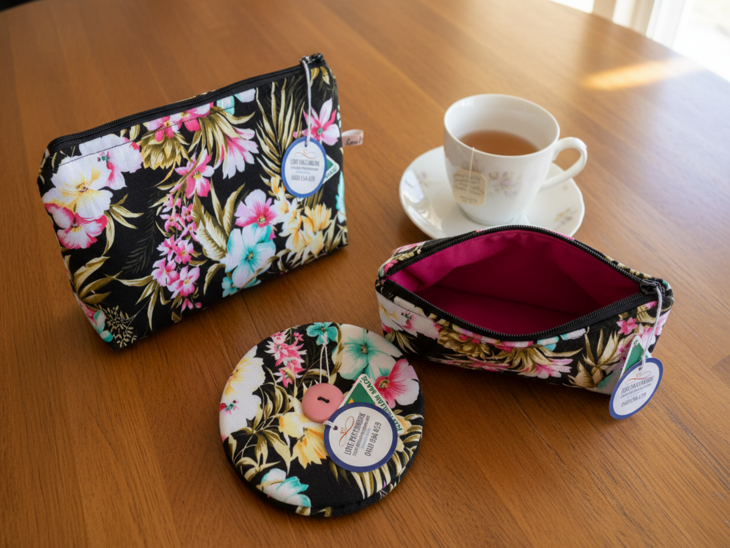 Black floral card holder and utility pouch gift set in use