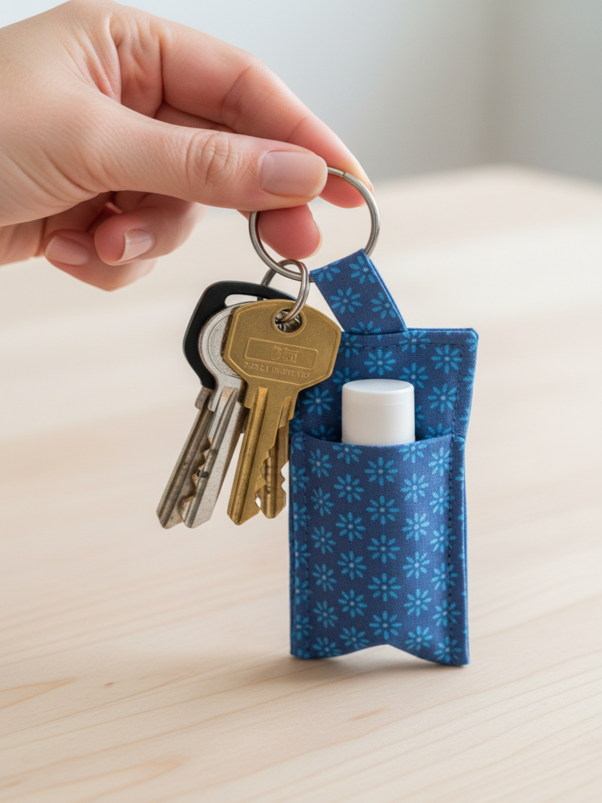 Blue keyring lip balm holder with keys on same ring