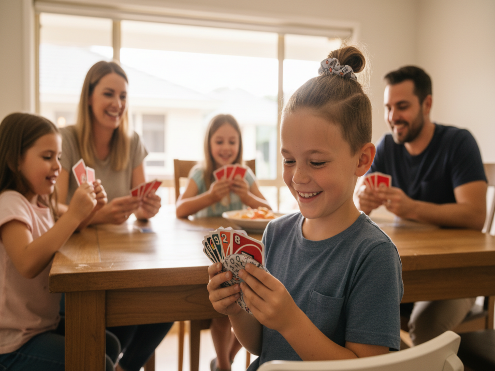 Boy with Harry Potter scrunchie using card holder with family