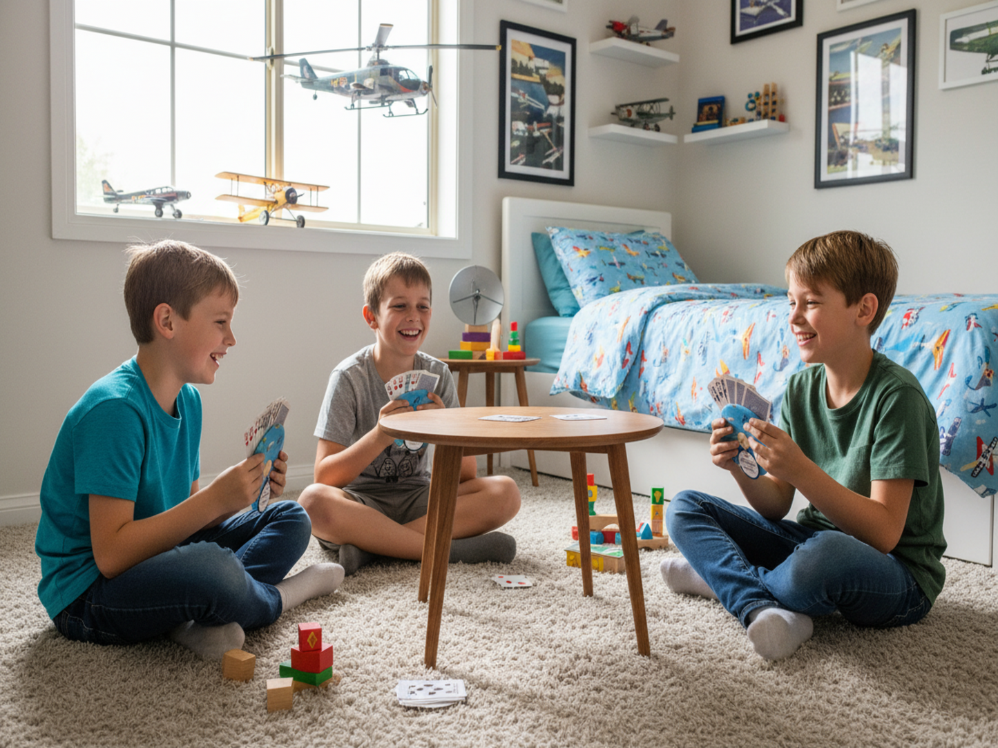 Boys playing cards with holders containing cards in aviation bedroom
