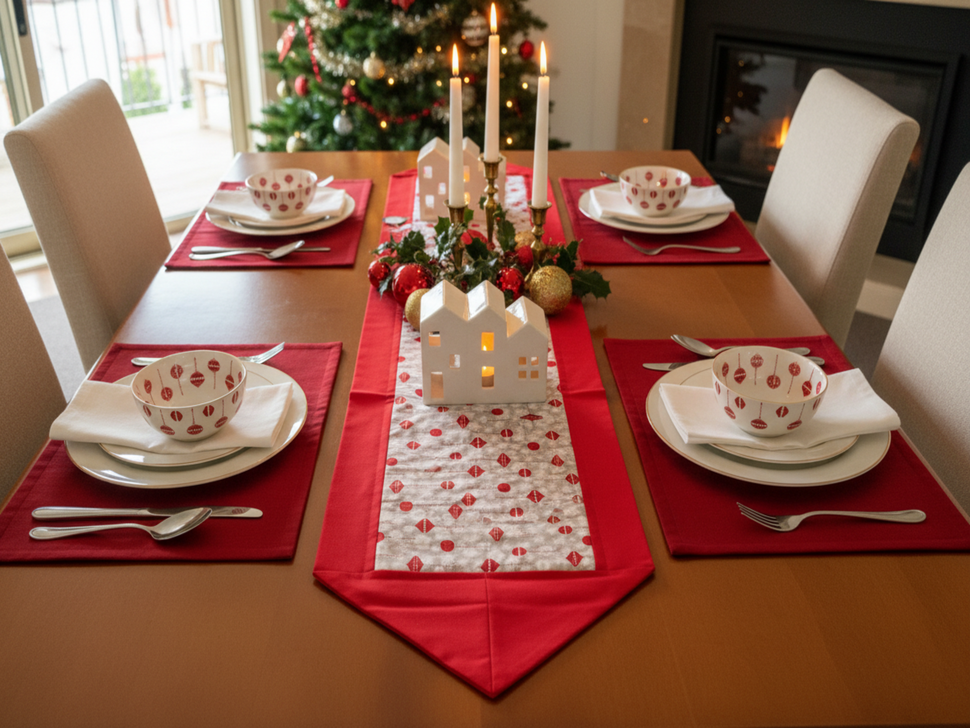 Christmas baubles table runner on dining table