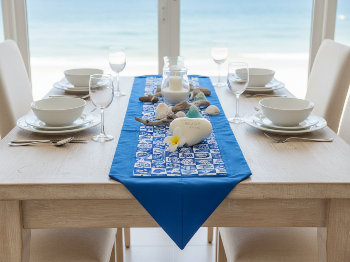 Coastal beach table runner on dining table