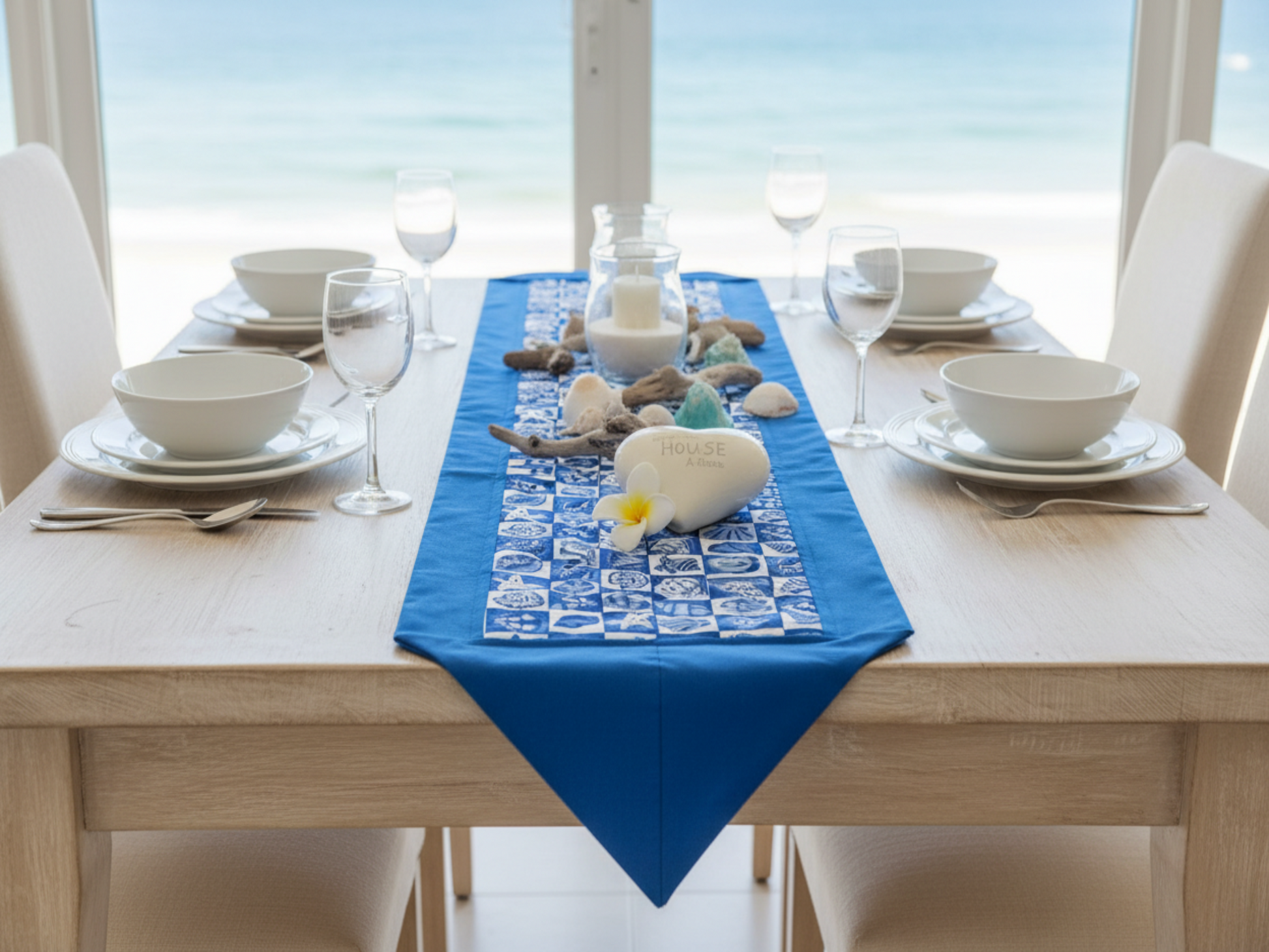 Coastal beach table runner on dining table