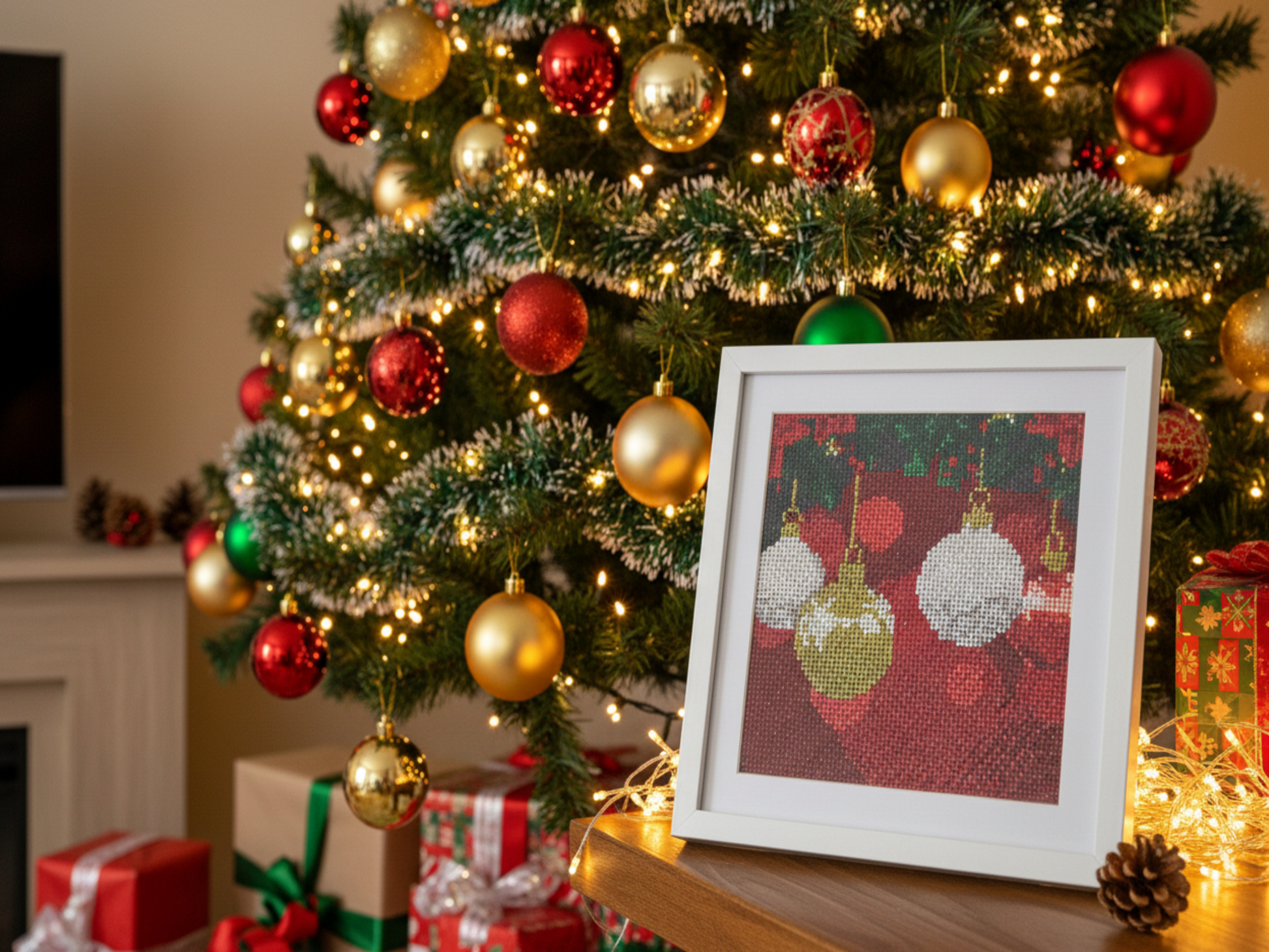 Diamond art Christmas baubles with festive background - retry