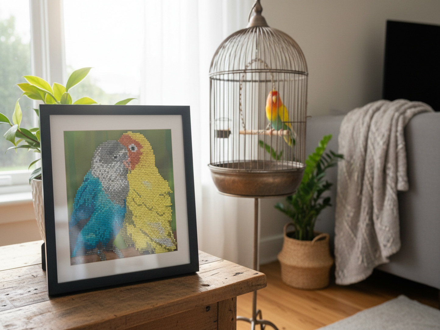 Diamond art parrots with live parrot in birdcage