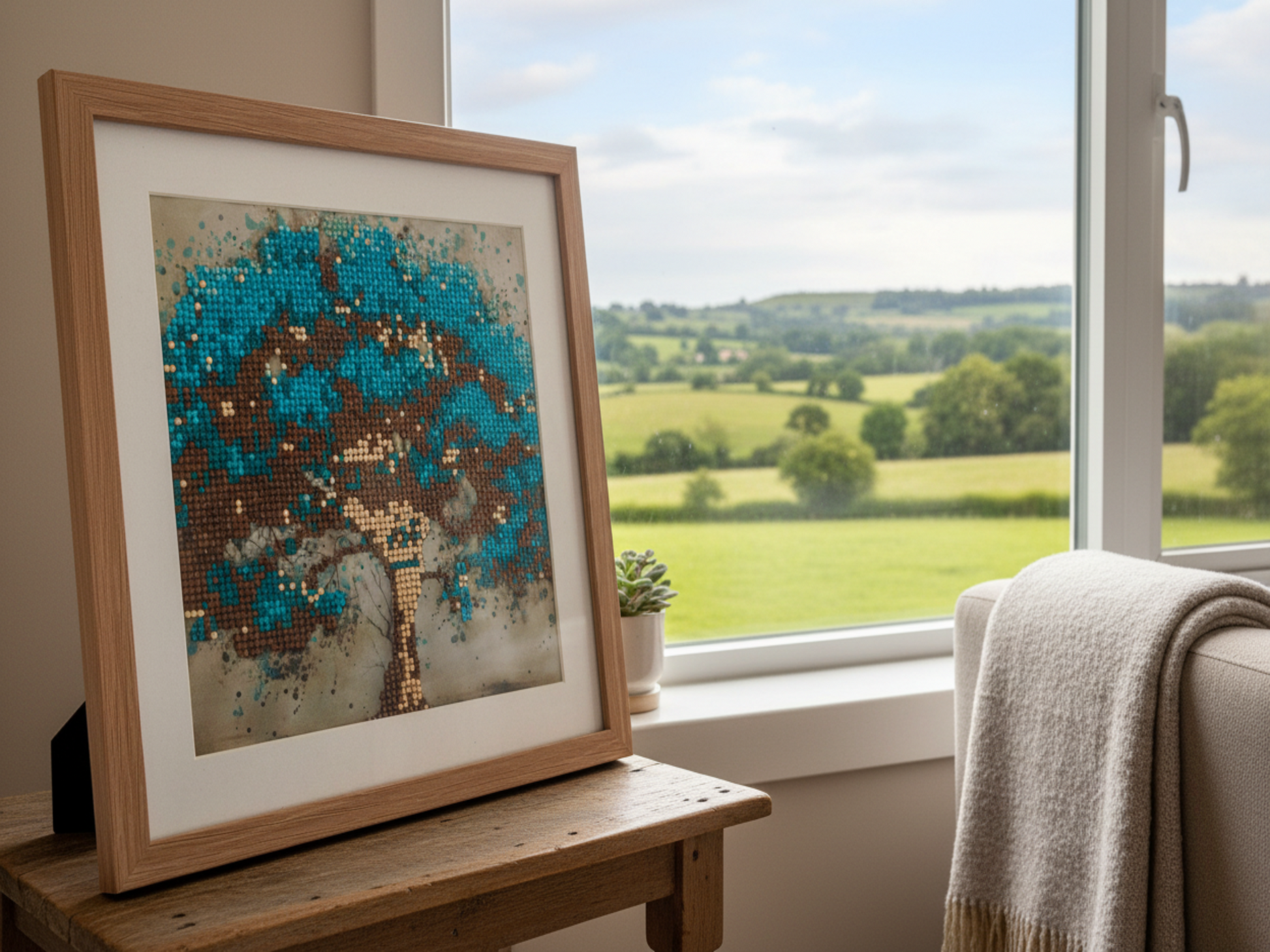 Diamond art tree near window with countryside view