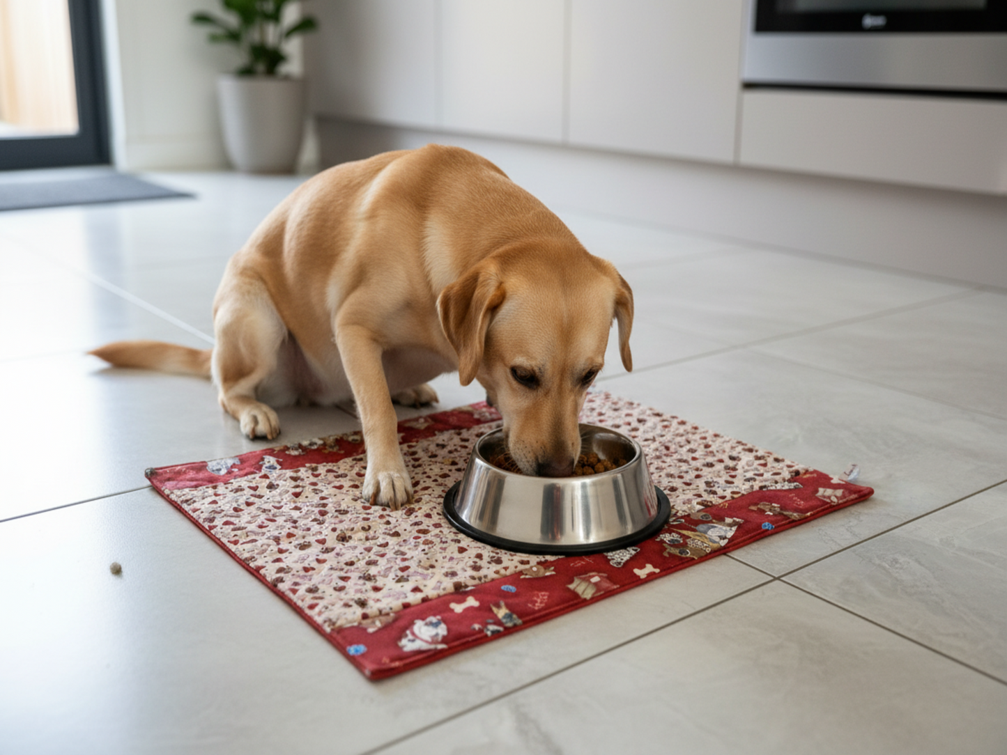 Dog with bowl on paw print placemat