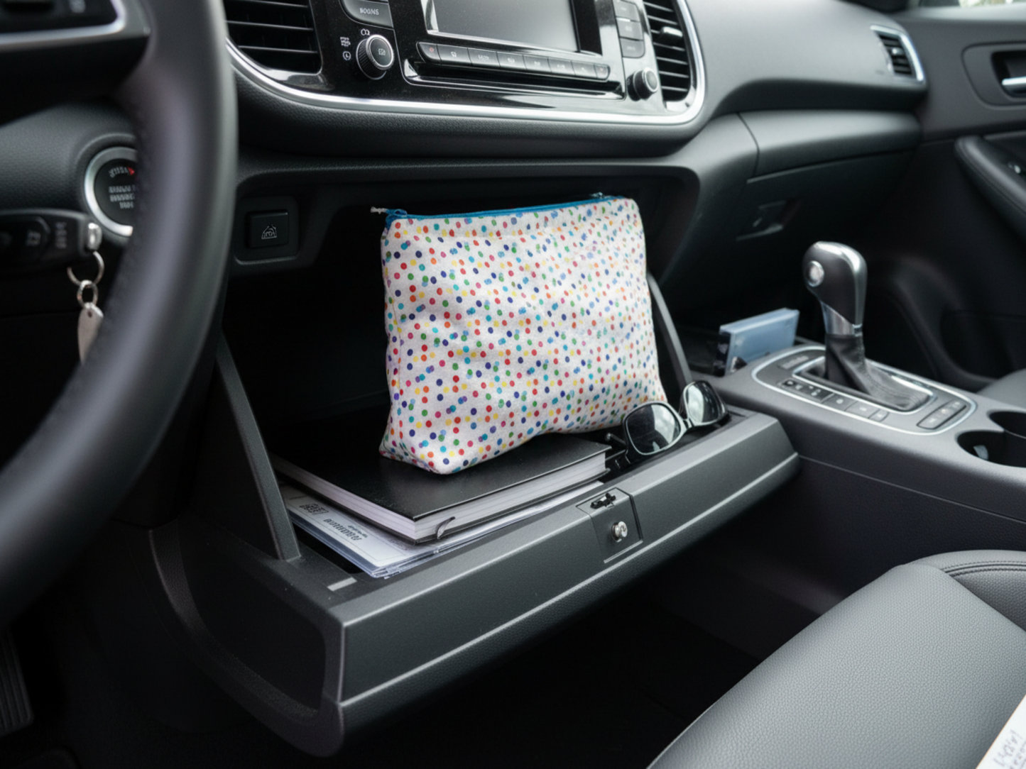 Dots and stripes pouch in glove box 