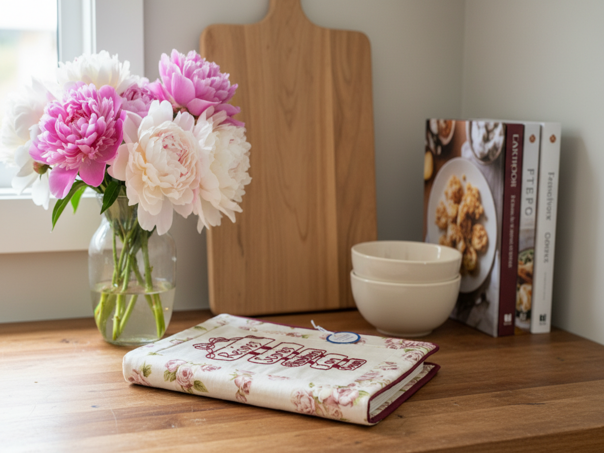 Embroidered recipe journal displayed closed in kitchen