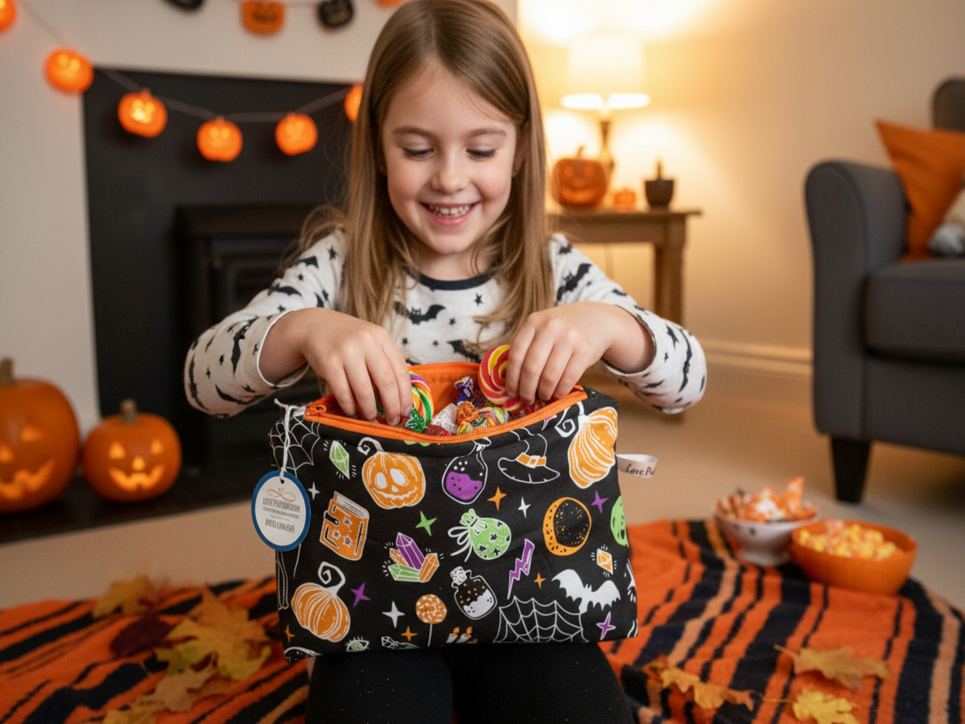 Halloween pouch with child and treats