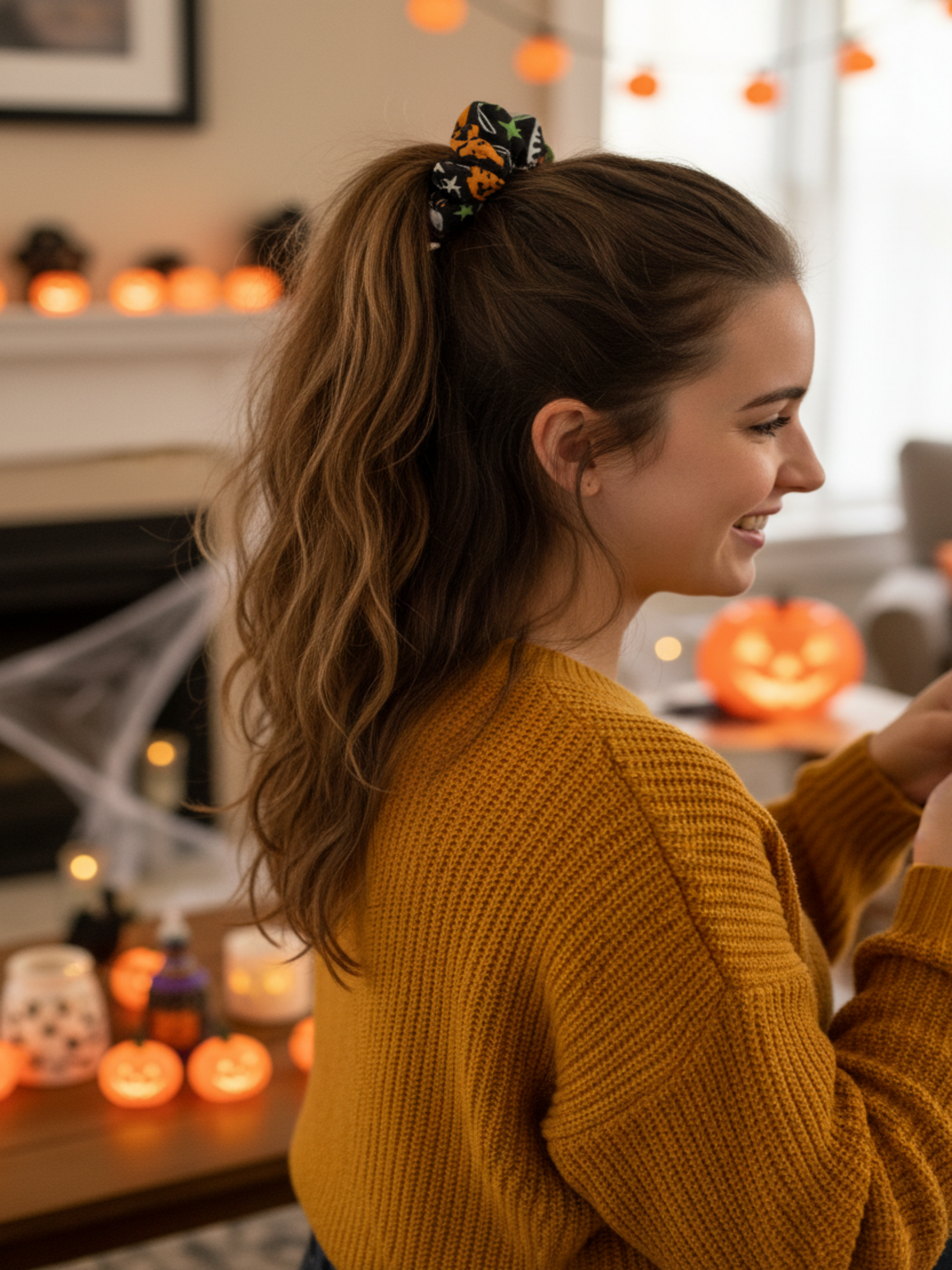 Halloween scrunchie in ponytail